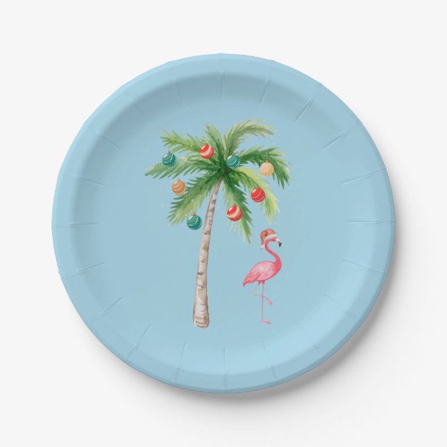 Tropical Palm Tree Flamingo Holiday Party  Paper Plates (Front)