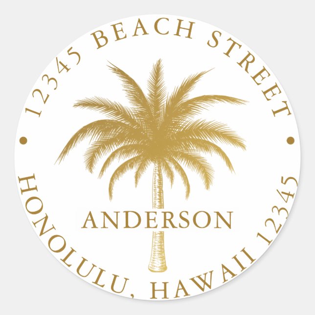 Tropical Palm Tree Gold Return Address  Classic Round Sticker (Front)