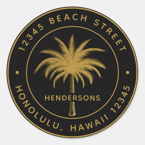 Tropical Palm Tree Gold Return Address Classic Round Sticker