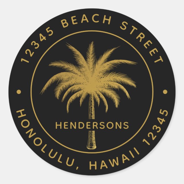 Tropical Palm Tree Gold Return Address Classic Round Sticker (Front)