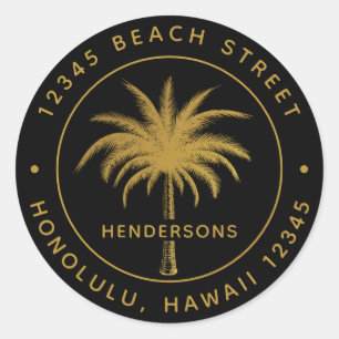 Tropical Palm Tree Gold Return Address Classic Round Sticker