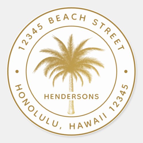 Tropical Palm Tree Gold Round Return Address Classic Round Sticker