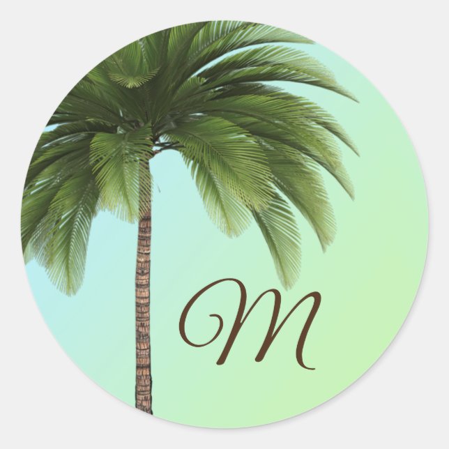 Tropical Palm Tree Green Elegant Monogram Classic Round Sticker (Front)