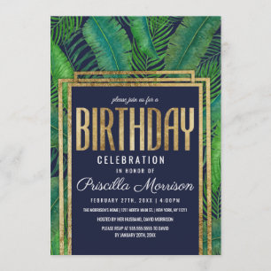 Tropical Palm Tree Green Gold Navy Blue Birthday Invitation