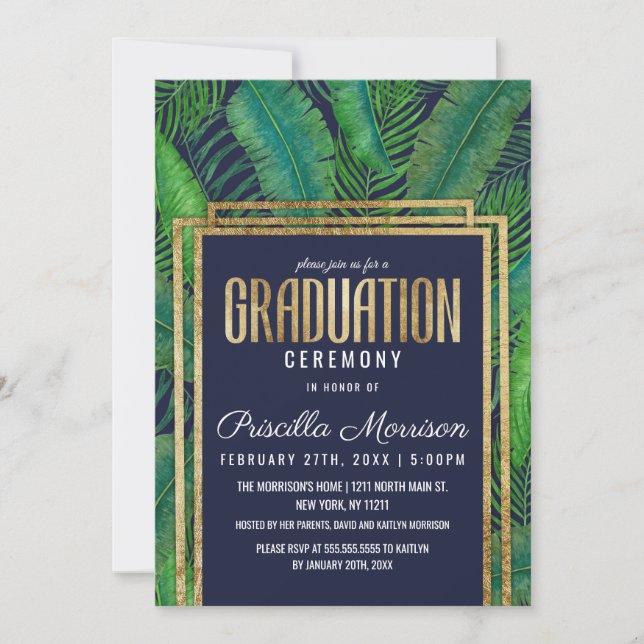 Tropical Palm Tree Green Gold Navy Blue Graduation Invitation (Front)