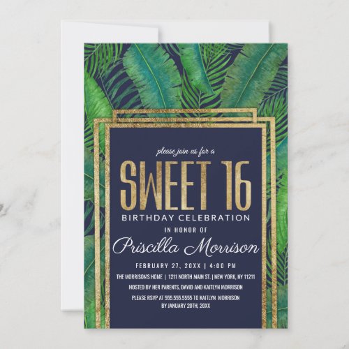 Tropical Palm Tree Green Gold Navy Blue Sweet 16 Invitation