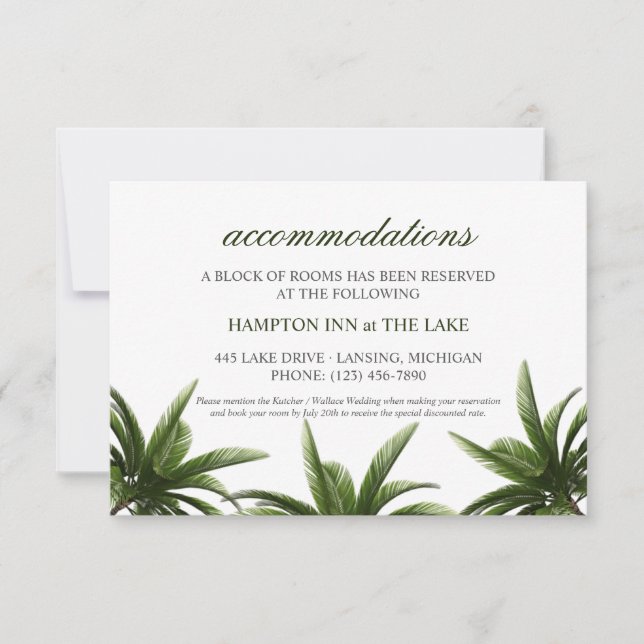 Tropical Palm Tree Green Wedding Accommodations Invitation (Front)