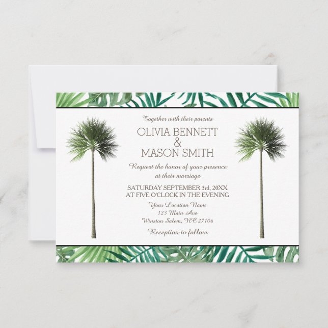 Tropical Palm Tree Green Wedding Card (Front)