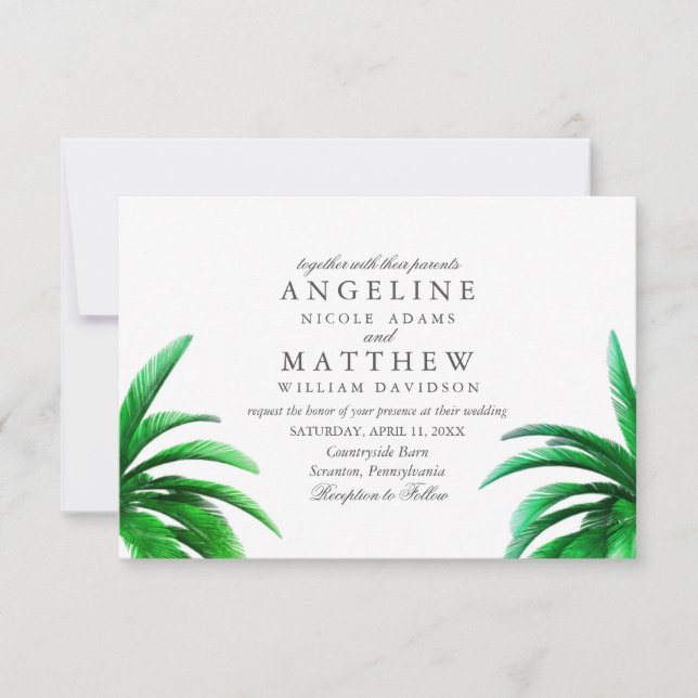 Tropical Palm Tree Green Wedding Card (Front)