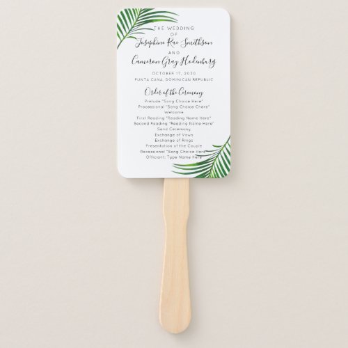 Tropical Palm Tree Greenery Beach Wedding Program Hand Fan