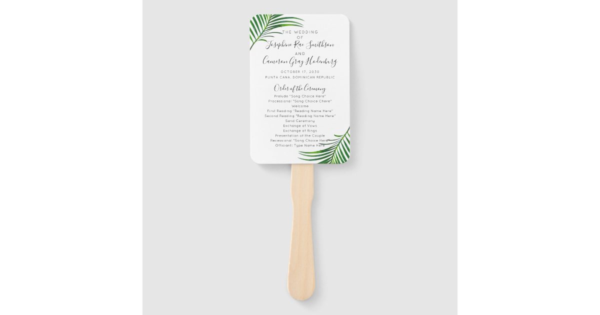 Tropical Palm Tree Greenery Beach Wedding Program Hand Fan