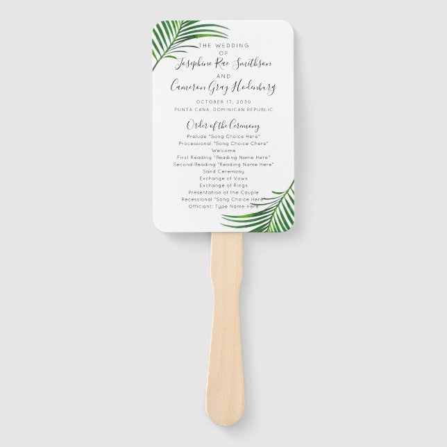 Tropical Palm Tree Greenery Beach Wedding Program Hand Fan (Front)