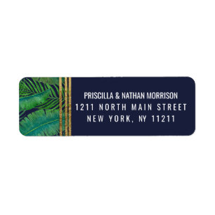 Tropical Palm Tree Greenery Gold Navy Blue Address Label