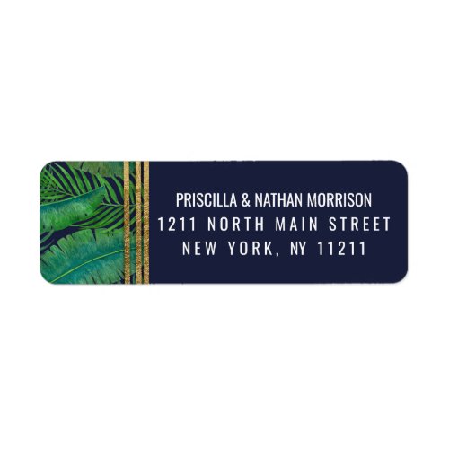 Tropical Palm Tree Greenery Gold Navy Blue Address Label