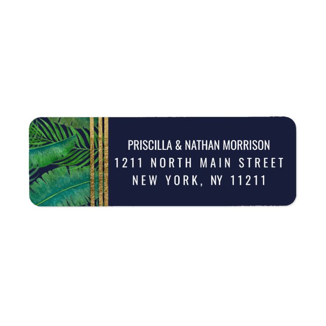 Tropical Palm Tree Greenery Gold Navy Blue Address Label (Front)