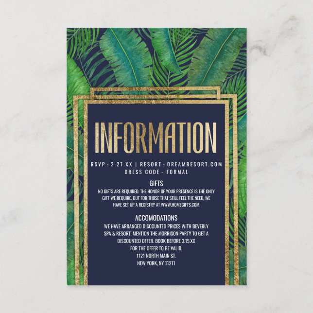 Tropical Palm Tree Greenery Gold Navy Blue Details Enclosure Card (Front)