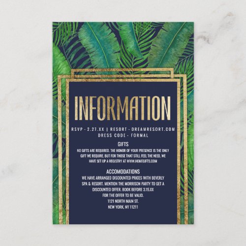 Tropical Palm Tree Greenery Gold Navy Blue Details Enclosure Card