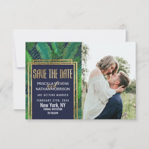 Tropical Palm Tree Greenery Gold Navy Blue Save The Date