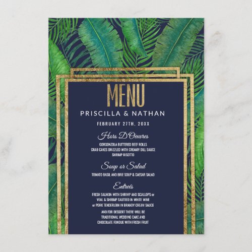 Tropical Palm Tree Greenery Gold Navy Blue Wedding Menu