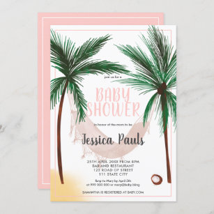 Tropical palm tree hammock watercolor baby shower invitation