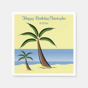 Tropical Palm Tree Happy Birthday Beach Ocean Name Napkins