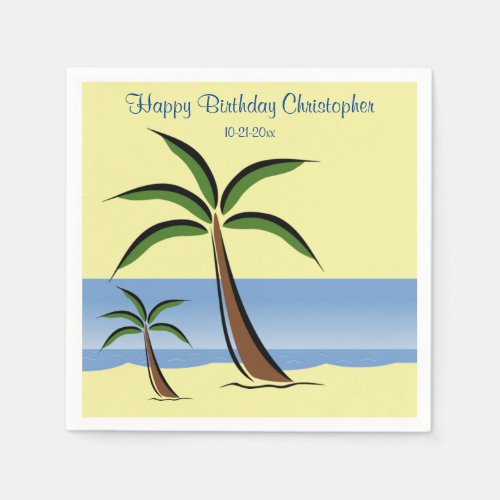 Tropical Palm Tree Happy Birthday Beach Ocean Name Napkins