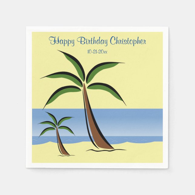 Tropical Palm Tree Happy Birthday Beach Ocean Name Napkins (Front)