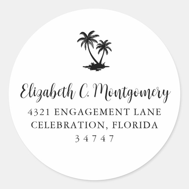 Tropical Palm Tree Home Address Classic Round Sticker (Front)