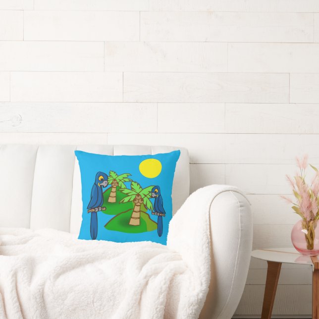 Tropical Palm Tree Hyacinth Macaw Art Throw Pillow (Couch)