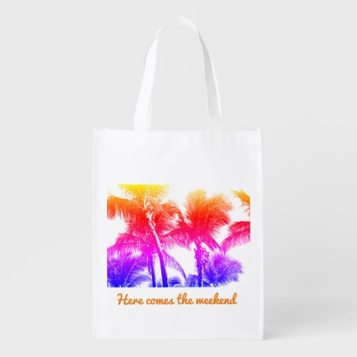 tropical palm tree in retro neon 80s summer vibe  grocery bag