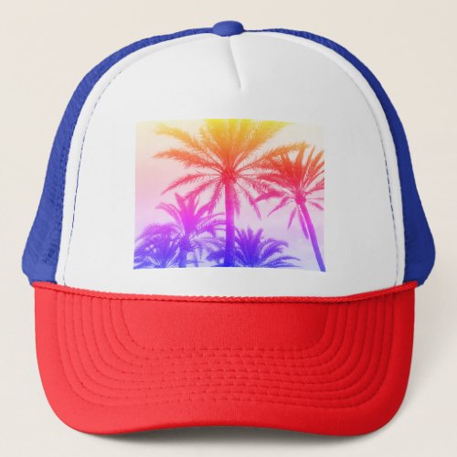 tropical palm tree in retro neon 80s summer vibe  trucker hat