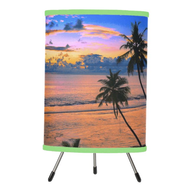 Tropical Palm Tree Island Exotic Beach Sunset Tripod Lamp (Front)