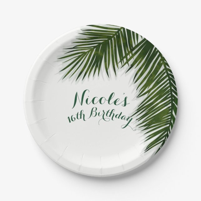 Tropical Palm Tree Leaf Elegant Summer Wedding Paper Plates (Front)