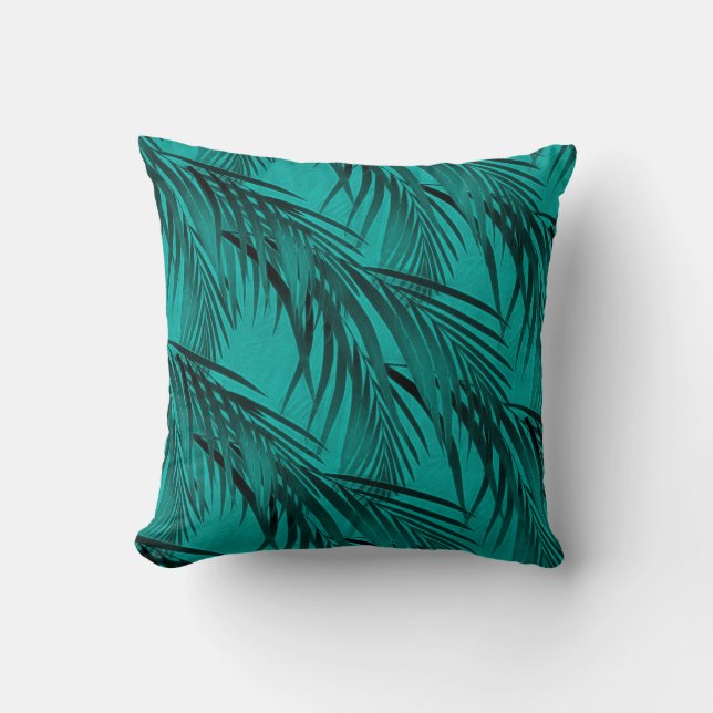 Tropical Palm Tree Leaf Pattern | Turquoise & Teal Throw Pillow (Front)