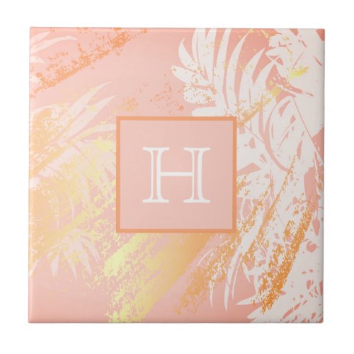 Tropical palm tree leaves coral rose gold monogram ceramic tile