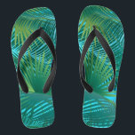 Tropical Palm Tree Leaves Jungle Green Flip Flops<br><div class="desc">Tropical Palm Tree Leaves Green Pattern Watercolor Trendy Design Fashion Summer 2023 Tropical Palm Tree fresh Leaves on black background Pattern Watercolor Trendy Design for Clothing & Shoes > Women > Shoes > Sandals & Flip Flops Jungle Floral Exotic Colorful Leaf Foliage pattern, Wood, Fresh Palm Leaf decorative ornament. (Hello...</div>