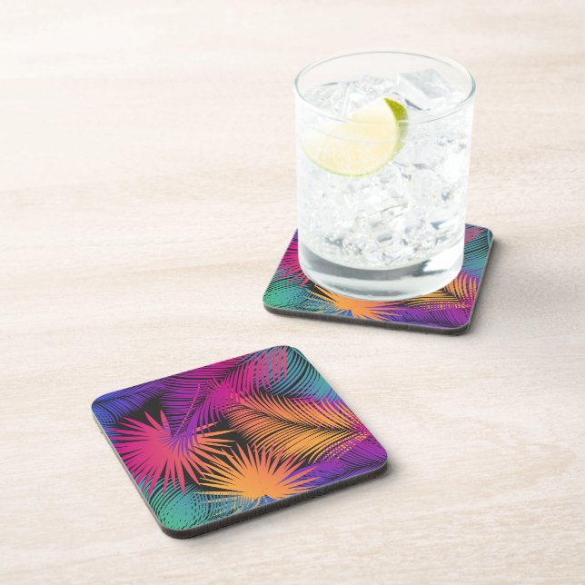 Tropical Palm Tree Leaves Jungle Rainbow Beverage Coaster (Right Side)