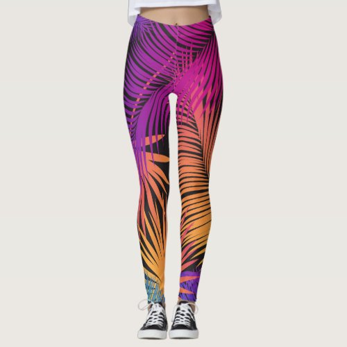 Tropical Palm Tree Leaves Jungle Rainbow Leggings