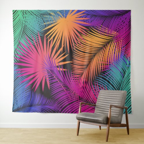 Tropical Palm Tree Leaves Jungle Rainbow Tapestry