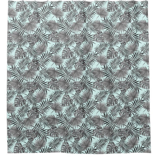 Tropical Palm Tree Leaves Pattern Aqua Blue Silver Shower Curtain (Front)