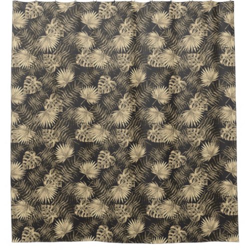Tropical Palm Tree Leaves Pattern Black Gold Shower Curtain
