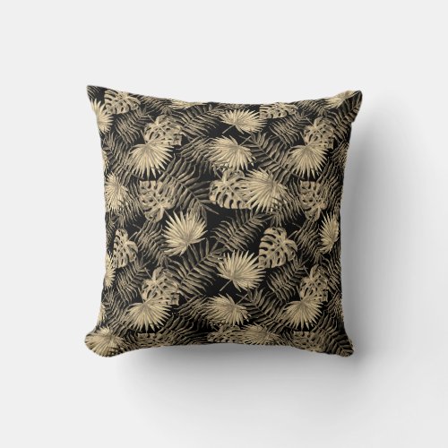 Tropical Palm Tree Leaves Pattern Black Gold Throw Pillow