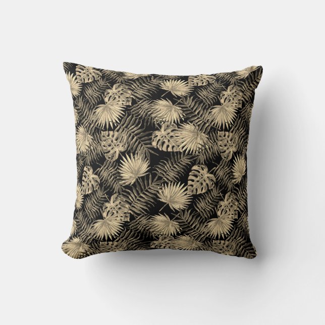 Tropical Palm Tree Leaves Pattern Black Gold Throw Pillow (Front)
