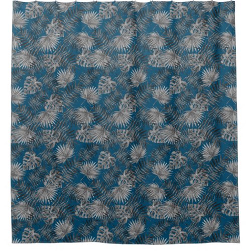 Tropical Palm Tree Leaves Pattern Blue Silver Shower Curtain