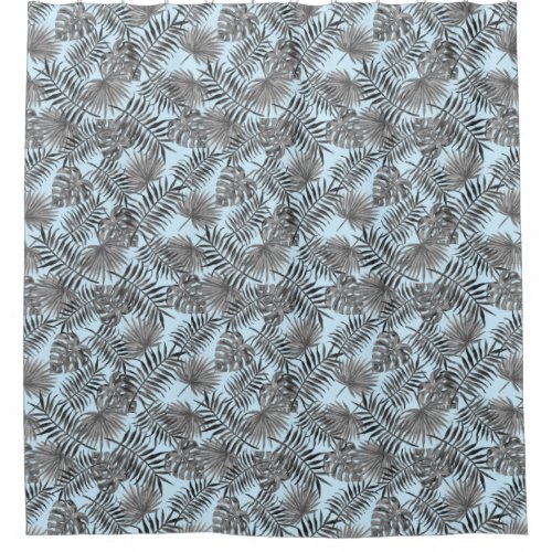 Tropical Palm Tree Leaves Pattern Blue Silver Shower Curtain