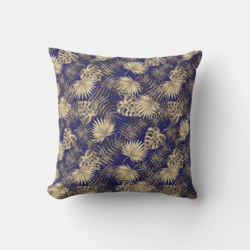 Tropical Palm Tree Leaves Pattern Dark Blue Gold Throw Pillow