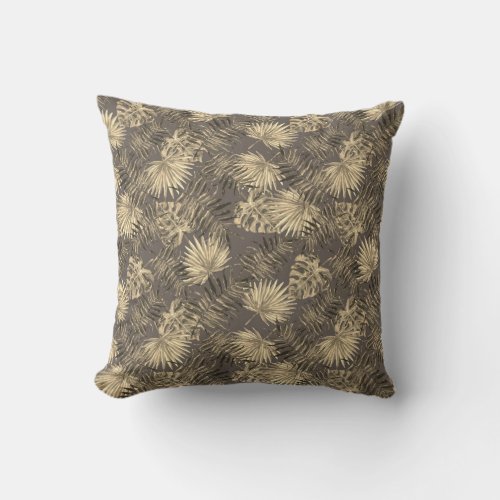 Tropical Palm Tree Leaves Pattern Dark Brown Gold Throw Pillow