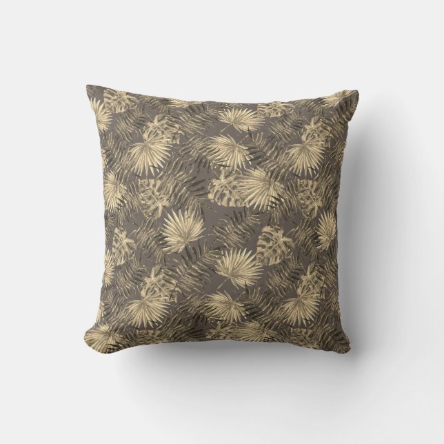 Tropical Palm Tree Leaves Pattern Dark Brown Gold Throw Pillow (Front)