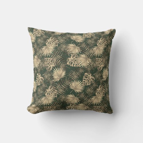 Tropical Palm Tree Leaves Pattern Dark Green Gold Throw Pillow