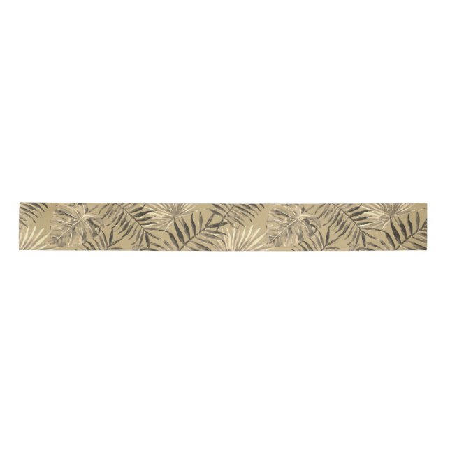 Tropical Palm Tree Leaves Pattern Gold Satin Ribbon (Front)
